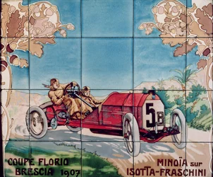Minoia rijdt in een Isotta Fraschini-auto in de Florio Brescia Cup van 1907: keramische tegels vervaardigd door Gilardoni Fils et Cie uit Parijs, naar een tekening van Ernest Montaut (1877-1909), 1908-10